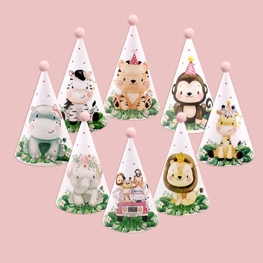 8pcs/set Carton Animal Paper Hat Tiger Lion Party Hats For Kids Jungle Safari Happy Birthday Decoration Baby Shower Supplies