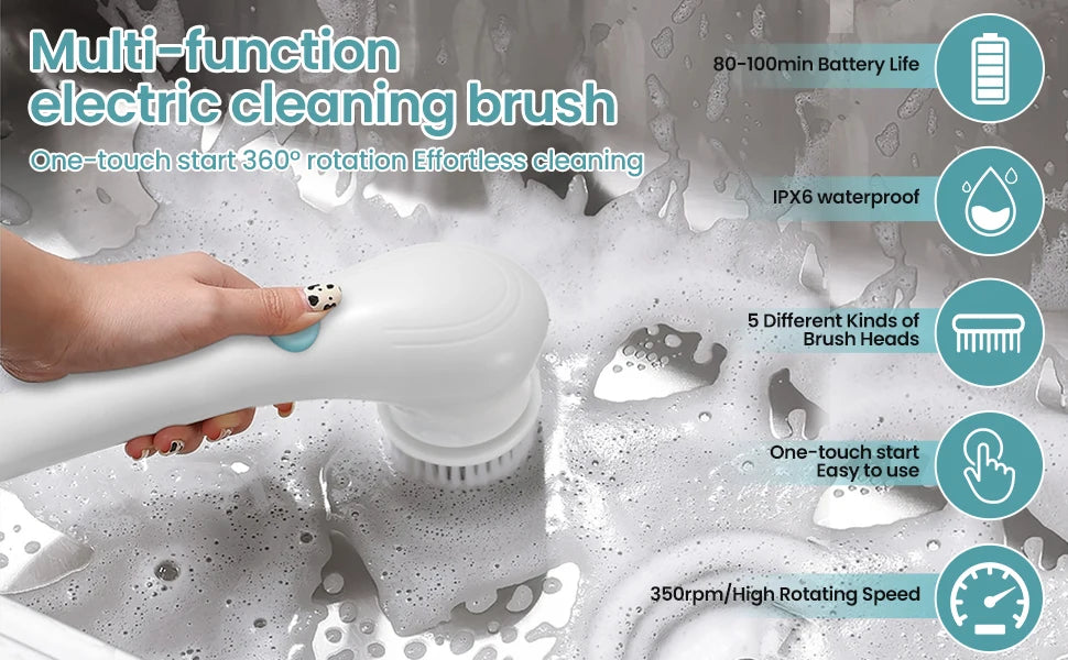 Electric Cordless Motorized Cleaning Brush and Five Interchangeable Brush-Heads,Handheld Power Shower Scrubber