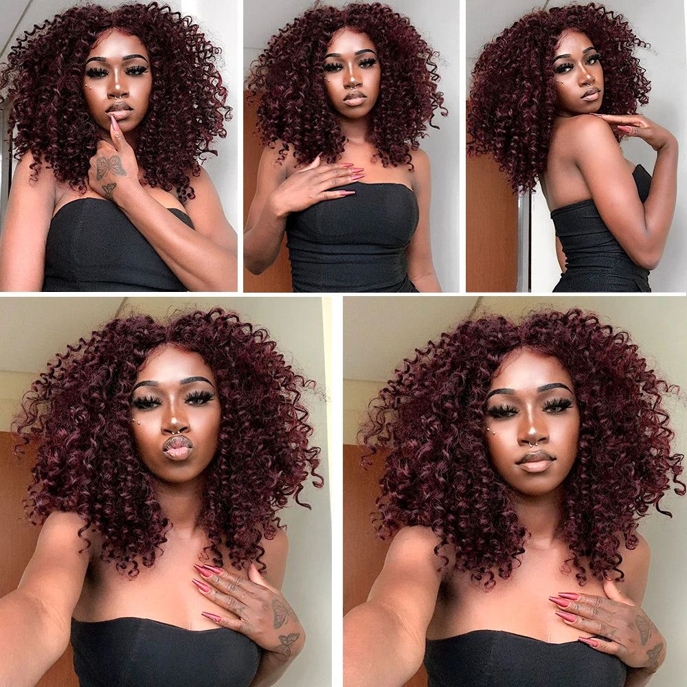 CurlyCoo Synthetic Curly Lace Front Wigs For Black Women Short Kinky Curly Bob Wig Ombre Natural Water Wave Cosplay Wig