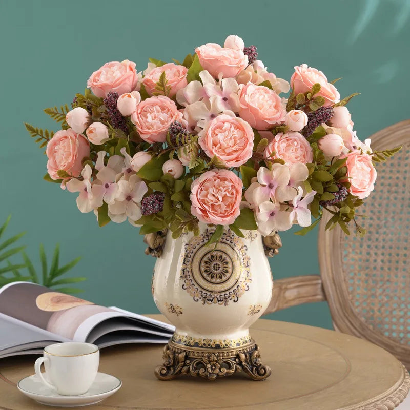 Retro Hydrangea Core Fake Peony Bouquet Simulation Wholesale Wedding Staircase Decorative Artificial Flowers Silk Flowers