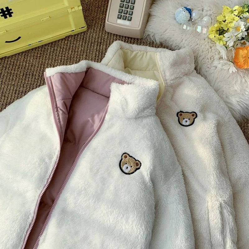 JMPRS Cute Embroidery Women Parkas Coat Winter Thick Hairy Korean Loose Warm Jacket Double Sided Design Pink Student Clothes