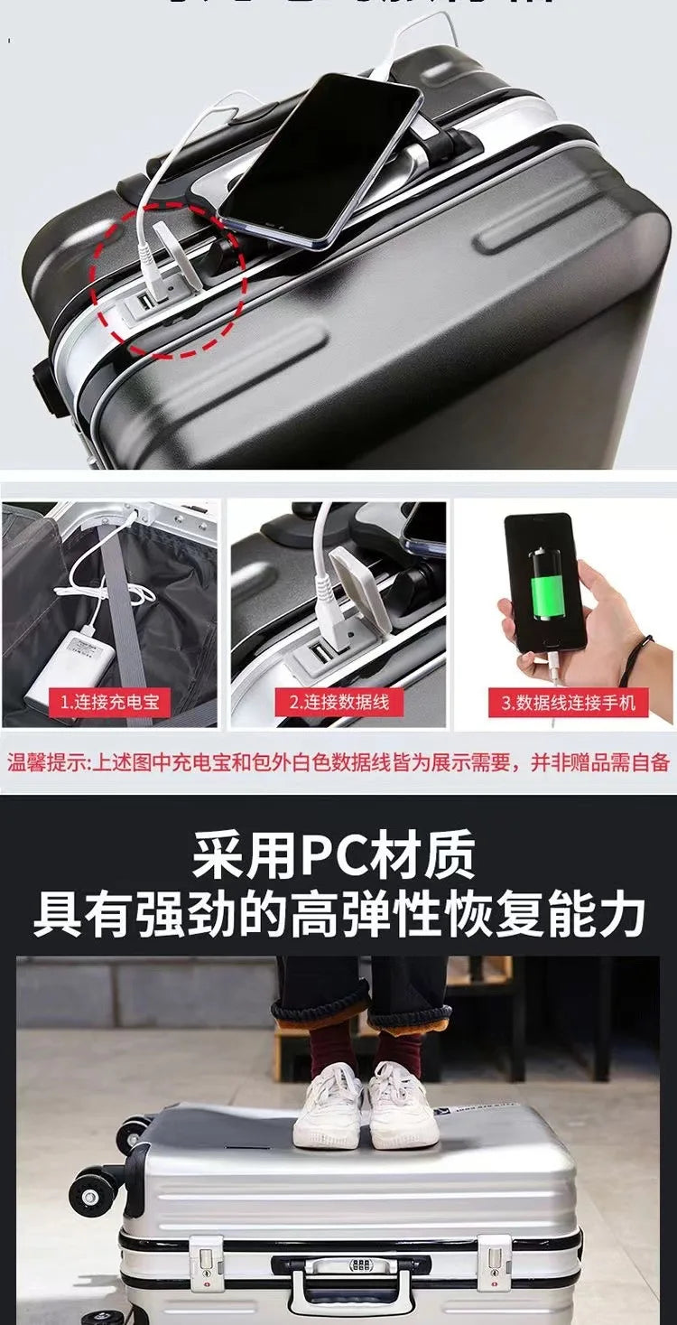 Aluminium Frame Suitcase on Wheels Business Zipper Carry-on Cabin Suitcase USB Port 28-inch Luggage Carrier Trolley Case