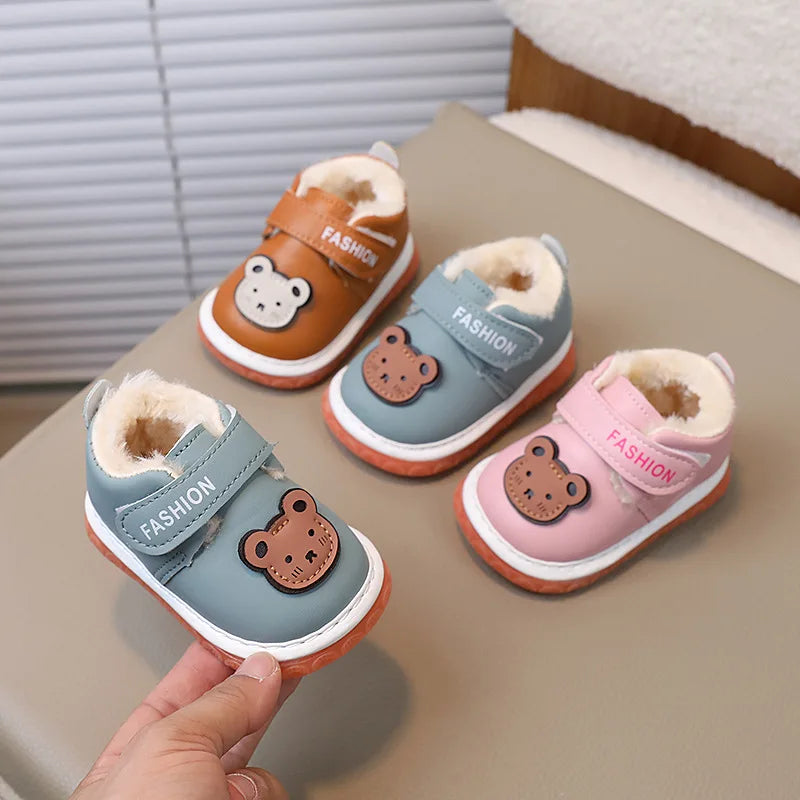 Newborn Baby Girls Boys Shoes Soft Non-slip Infant Toddler Leather First Walkers Autumn Winter Plush Warm Kids Cartoon Sneakers