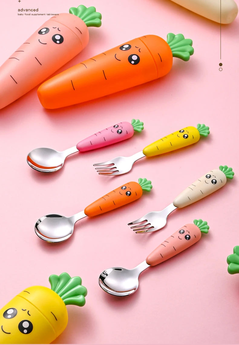 1/3PCS Baby Feeding Utensils Carrots Set Steel Spoon Fork Child Cutlery Tableware Kitchen Gadgets Cake Vegetable Fork Teaspoon