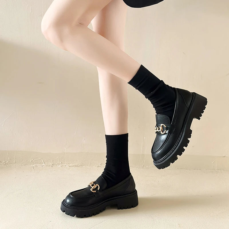 loafers Female Shoes Women Fashion Mary Janes Round Toe Flats Loafers Oxfords Platform Casual Metal Chain Buckle Ladies Heels