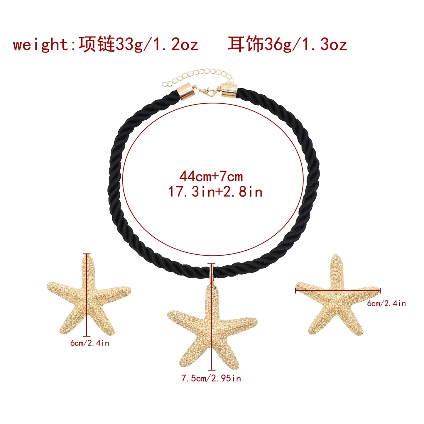 Golden Starfish Pendant Necklace Stud Earrings for Women Europ American Fashion Exaggerated Summer Marine Animal Jewelry Sets