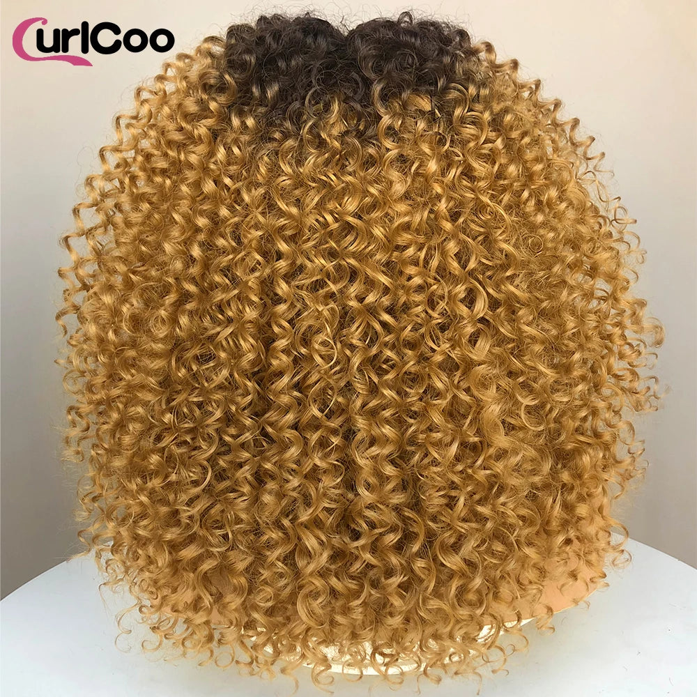CurlyCoo Synthetic Curly Lace Front Wigs For Black Women Short Kinky Curly Bob Wig Ombre Natural Water Wave Cosplay Wig