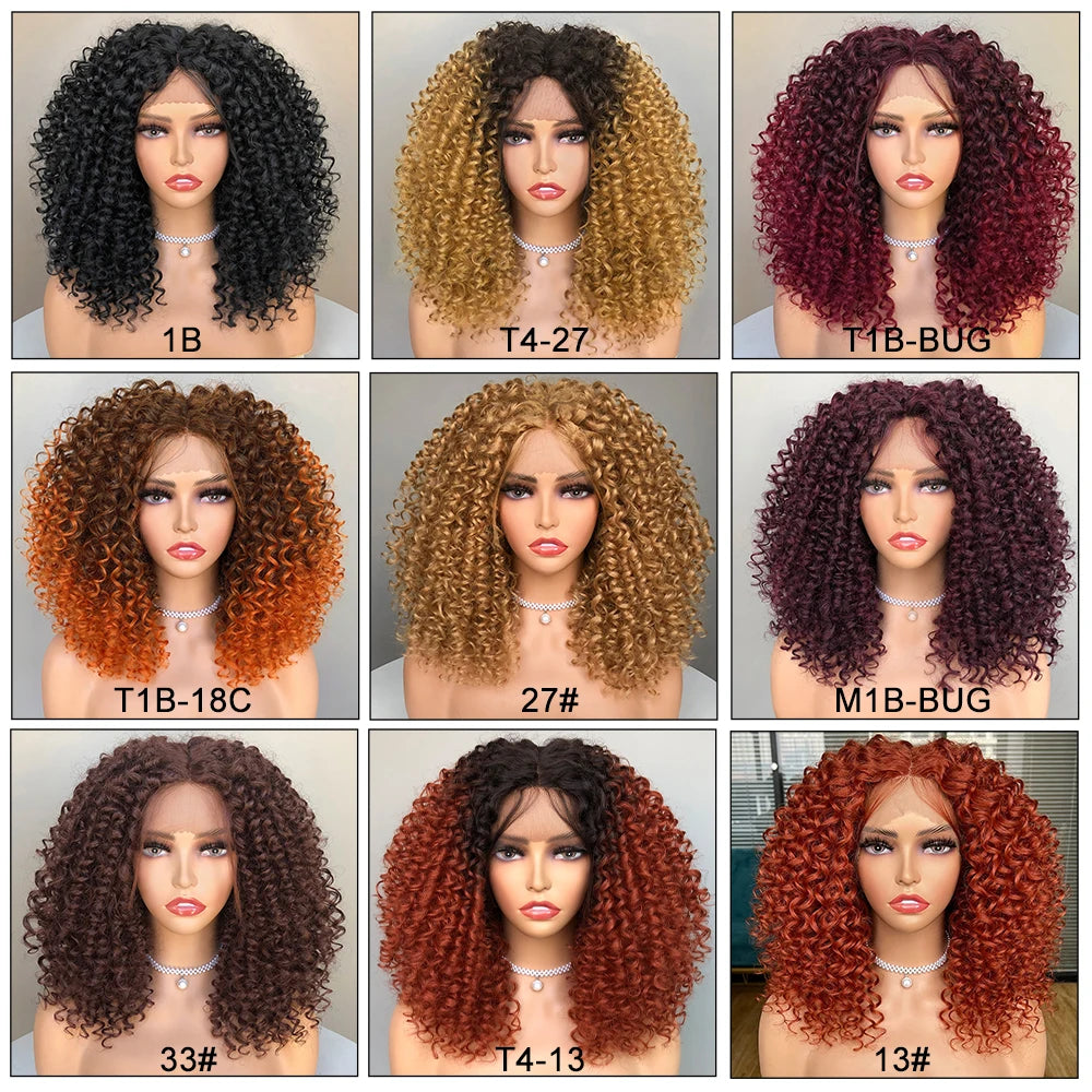 CurlyCoo Synthetic Curly Lace Front Wigs For Black Women Short Kinky Curly Bob Wig Ombre Natural Water Wave Cosplay Wig