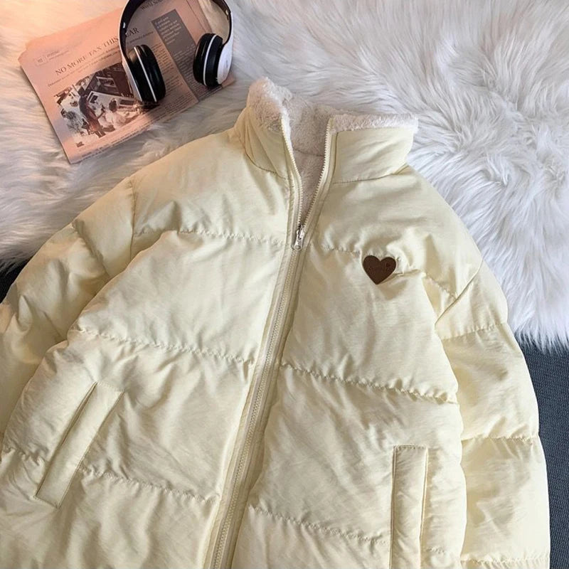 JMPRS Cute Embroidery Women Parkas Coat Winter Thick Hairy Korean Loose Warm Jacket Double Sided Design Pink Student Clothes