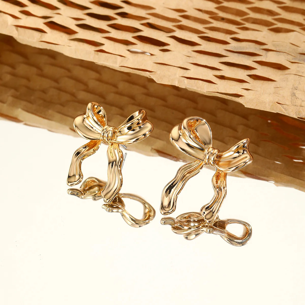 1 Pair Stainless Steel Metal Ribbon Bow Stud Earrings for Women Girls18K Gold Plated Cute Statement Piercing Jewelry Set Gift