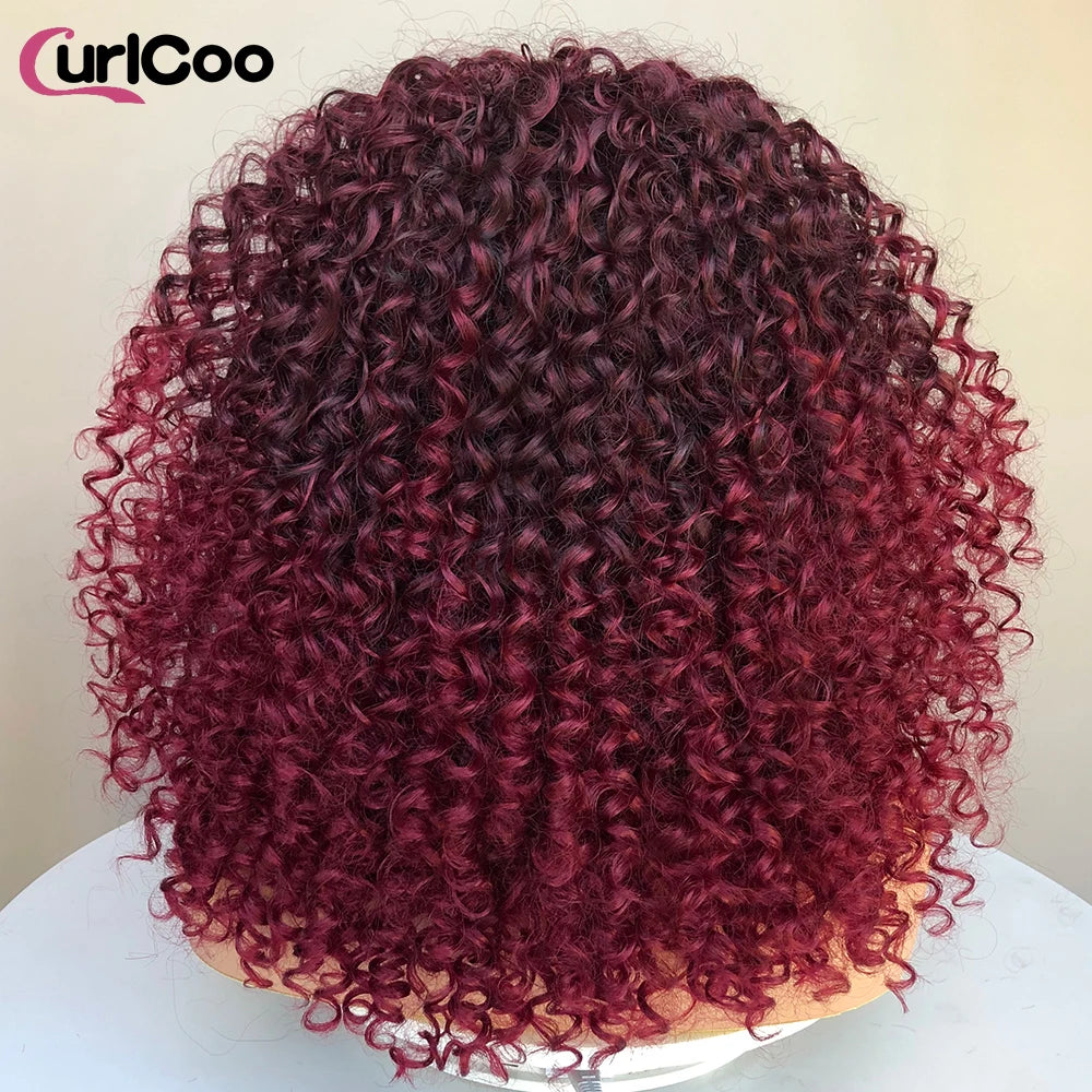 CurlyCoo Synthetic Curly Lace Front Wigs For Black Women Short Kinky Curly Bob Wig Ombre Natural Water Wave Cosplay Wig
