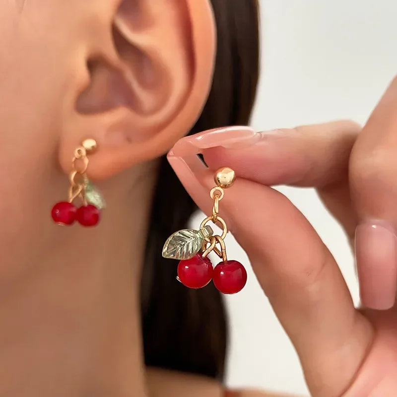Exquisite Cherry Red Necklace And Earring Set For Women Fashionable Personalized Daily Accessory Party Jewelry Birthday Gifts