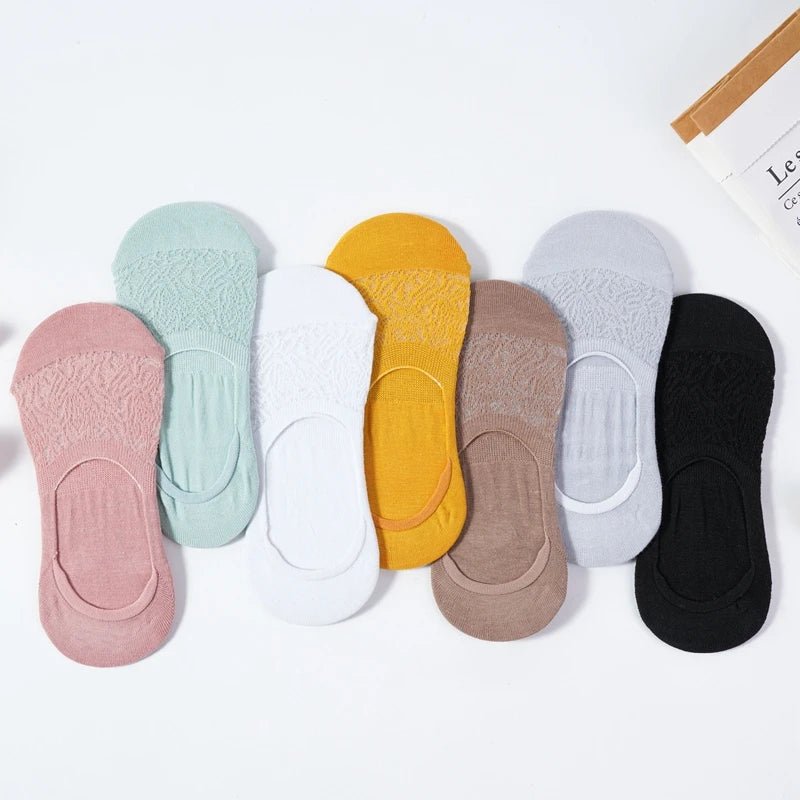 5 Pairs Women Cotton Low Cut Socks Solid Snowflake Softable Summer Silicone Non-slip Deep Mouth Prevent Heel Loss Slipper Socks