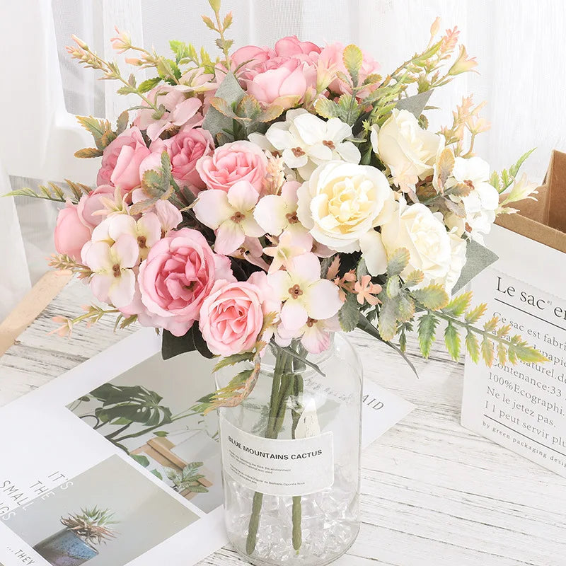 Beautiful Roses Autumn Artificial Flowers Silk Peony Hydrangea Big Bride Bouquet Wedding Home Party DIY Decoration Fake Flowers