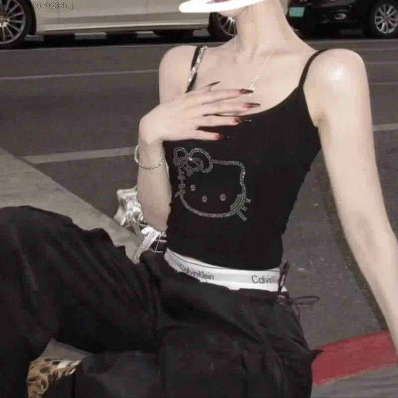 Sanrio Hello Kitty Diamond Tank Top With Bra Sexy Fashion Gothic Aesthetic Crop Top Y 2k Girls New Summer Youthful Woman Clothes