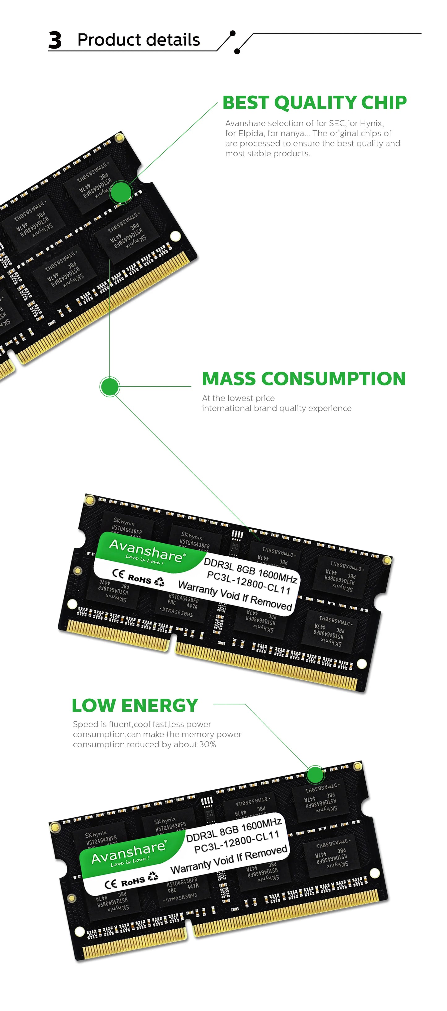 Avanshare 10Pcs Laptop Memory RAM DDR3 DDR3L 8GB 4GB 1600MHz 1333MHz SODIMM 1.35V 1.5V PC3/PC3L-12800S PC3-10600S Non-ECC