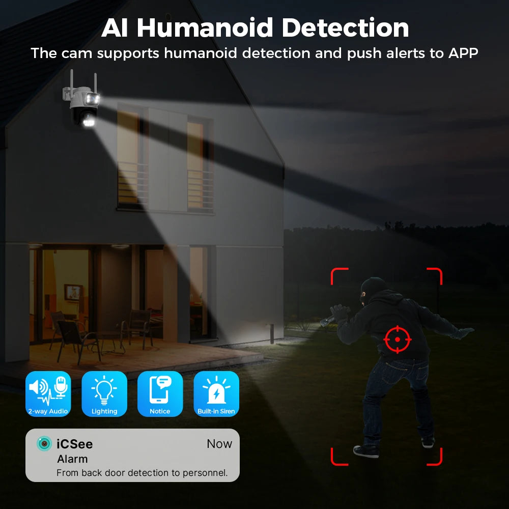 Hiseeu Wifi Surveillance Camera, Dual Lens, 4X Digital Zoom, AI Human Detect, ONVIF, Outdoor Security PTZ IP Cameras, 4K, 8MP