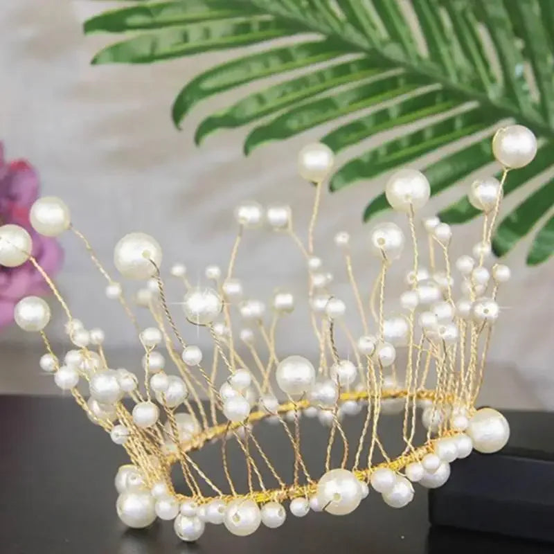 Shiny Handmade Pearl Princess Crown Cake Topper Wedding Decorating Bride and Groom Happy Birthday Hat Decoration