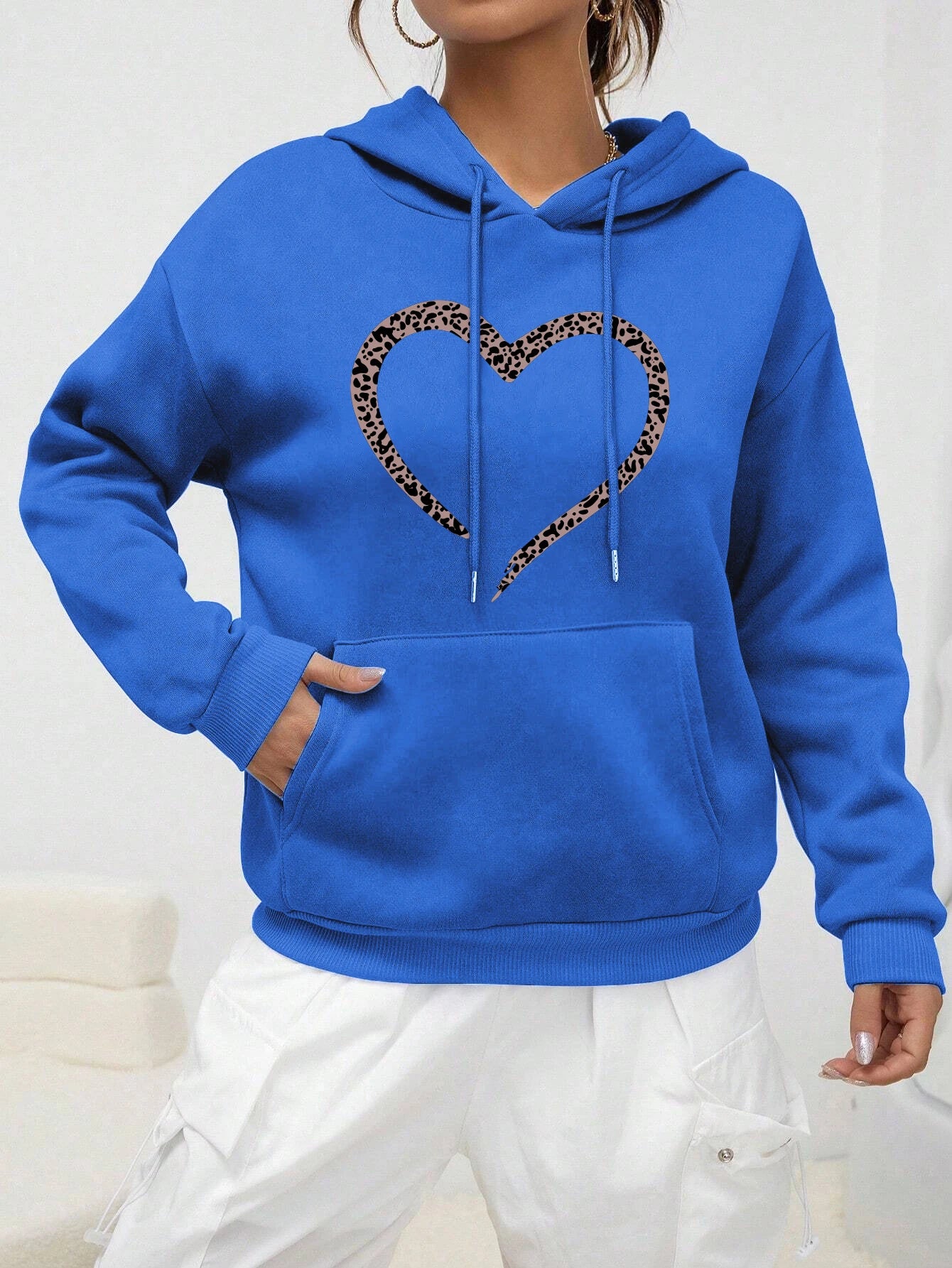 Leopard Print Heart Printed Clothes Women Vintage Pocket Streetwear Hip Hop Autumn Hoodies All-Match Comfortable Female Pullover