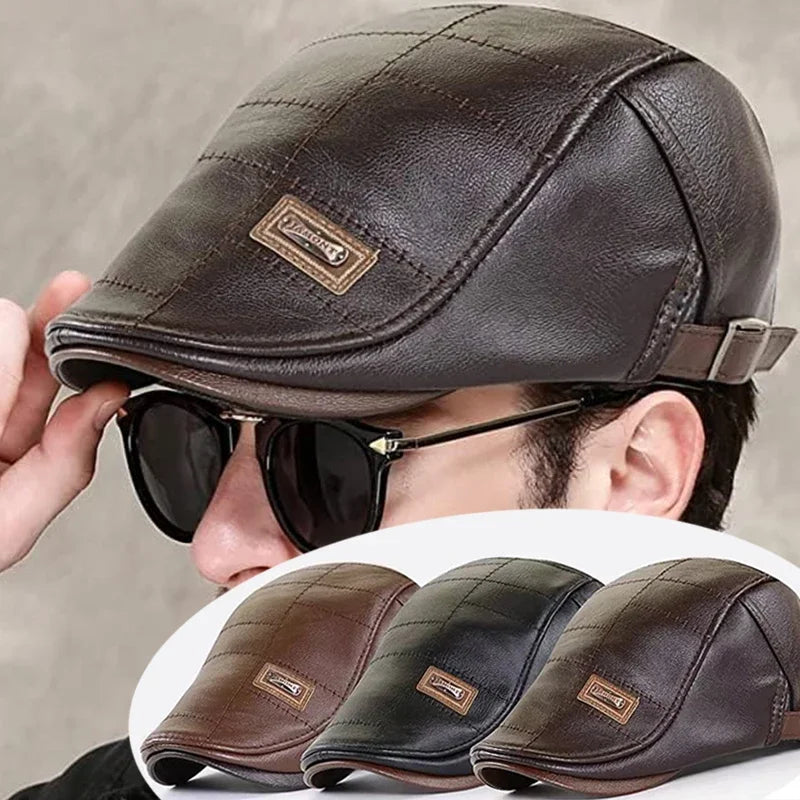 Fashion Men PU Leather Beret Autumn Winter Visor Flat Cap Thicken Warm Hat Berets Vintage England Newsboy Caps Higher Quality