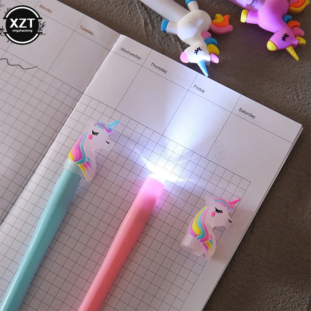 4pcs Gel Pen Unicorn Pen with LED Light Kawai Cute Girl Gel Ink Pen Luminous Pen School Stationery Children's Stationery