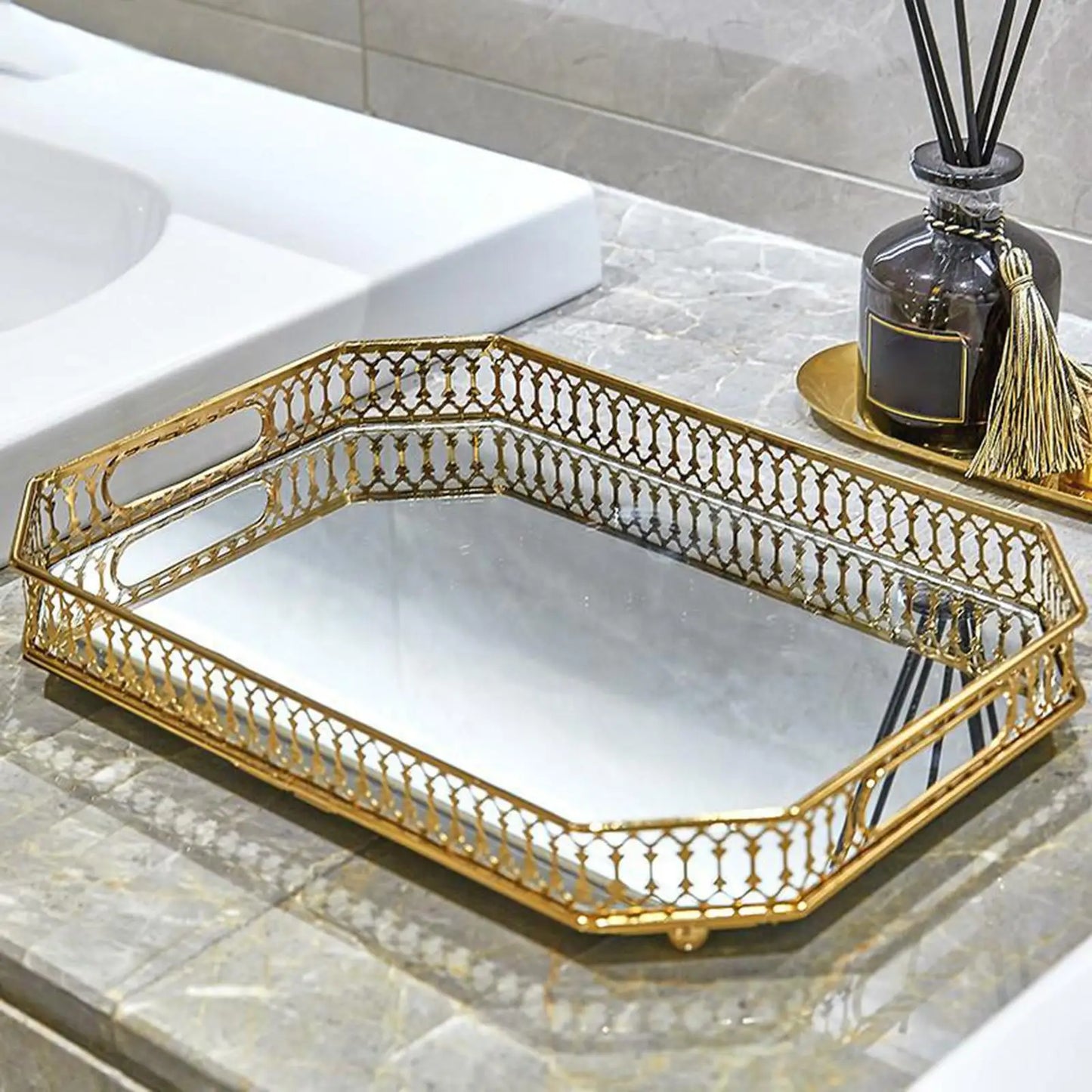 Crystal Mirrored Tray Organizer Perfume Candies Snack Serving Plate Ornament