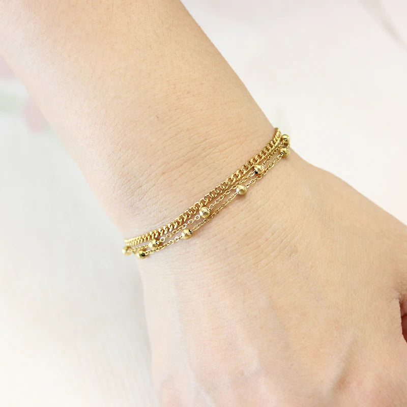 Quality Jewelry Classic Women Gift Waterproof Durable Non Fading Metal Stainless Steel Double Row Bead Chain Exquisite Bracelets