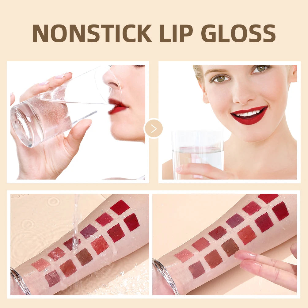 QIBEST 12pcs/set Waterproof Lip Gloss Long Lasting Velvet Nude Red Matte Liquid Lipstick Tint Makeup Cosmetic Lipsticks Lipgloss