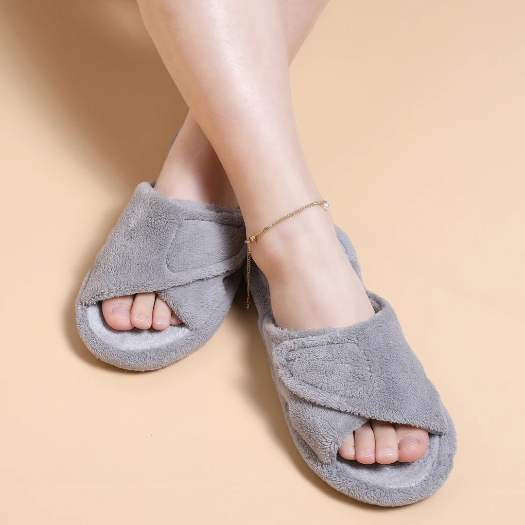 Pallene Cross Band Cotton Slippers Women Indoor Fuzzy Slippers For Ladies Non-slip Cozy Flats Slippers Open Toe House Slippers