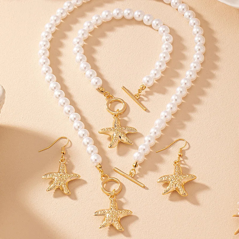 Pearl starfish pendant necklace bracelet earrings elegant and fashionable daily banquet jewelry gift set 2024