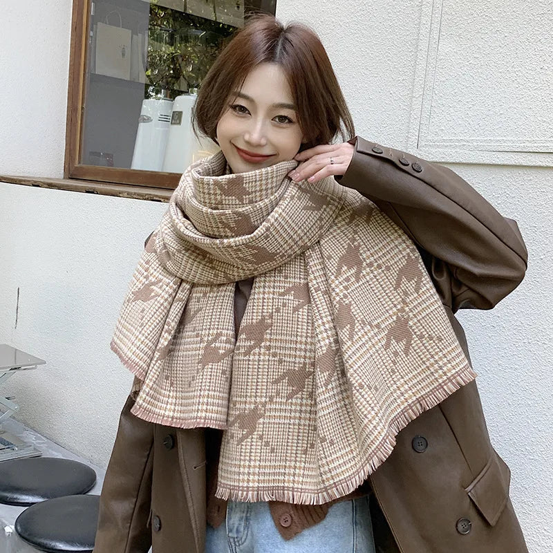 Fashion Brand Cashmere Scarf Women Winter Autumn Houndstooth Plaid Long Pashmina Cold Day Double-sided Tassel Thick Shawl Ladies