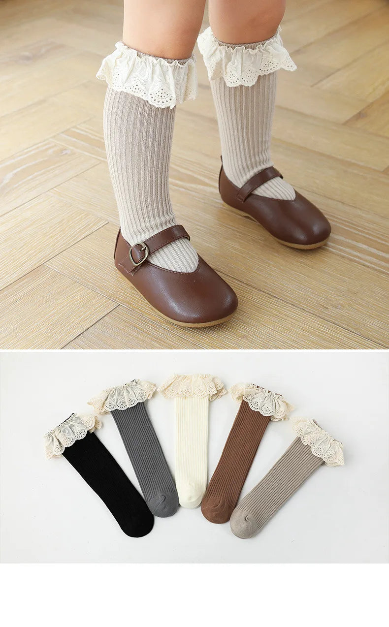 Baby Girls Knee High Socks Long Kids Soft Cotton Lace Stuff Princess Children Sock Ruffle Leg Warmers Cute Girl Socks For 0-8 Y