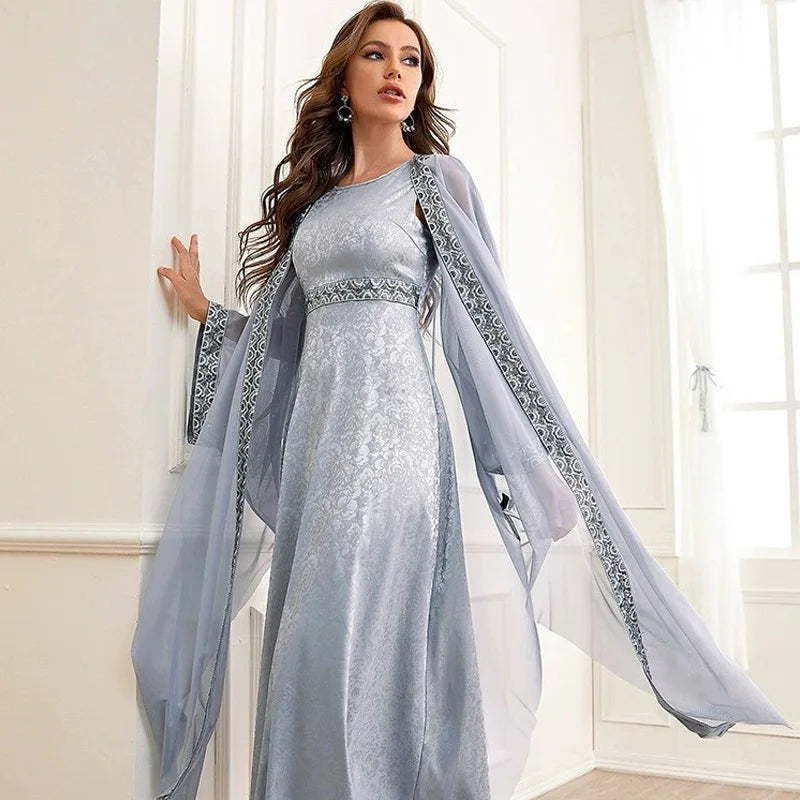 Elegant Embroidery Muslim Dress Ramadan Gurban Dubai Arab Two Piece Set Middle East Turkey Slash-Neck Fashion Abaya Clothing