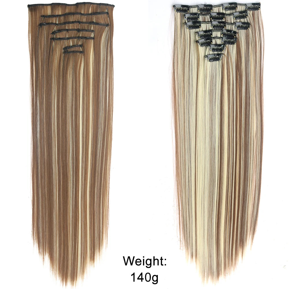 Long Straight Hairstyle 16 Clips 7Pcs/Set Hair Extensions Natural Synthetic Blonde Black Hairpieces Heat Resistant For Women