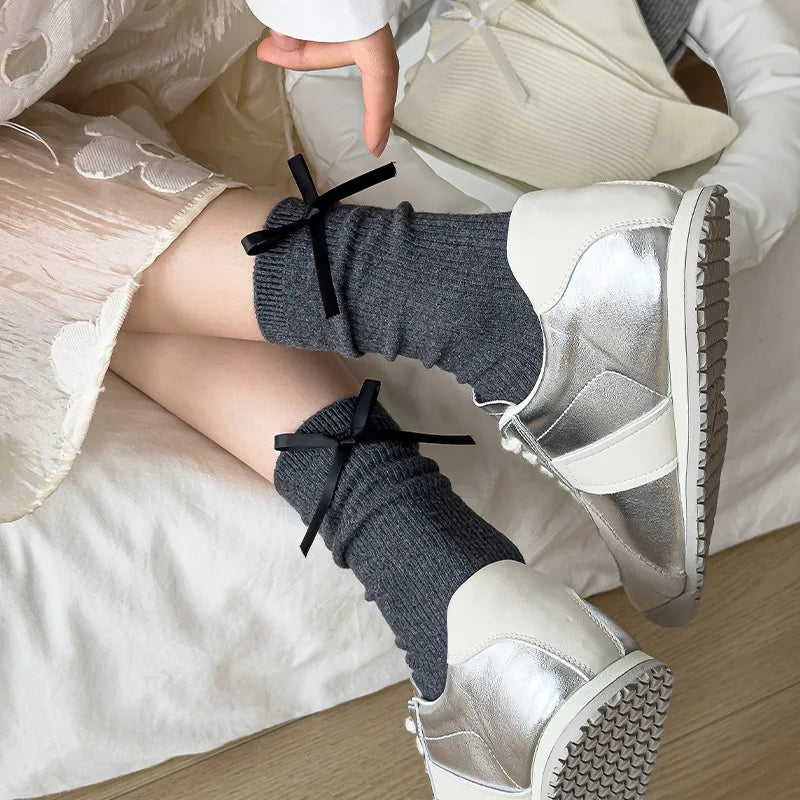 Japanese JK Sweet Bowknot Tied Middle Tube Socks Women Heel Bow Socks Casual Black White Pile Socks Girls Sports Cotton Socks