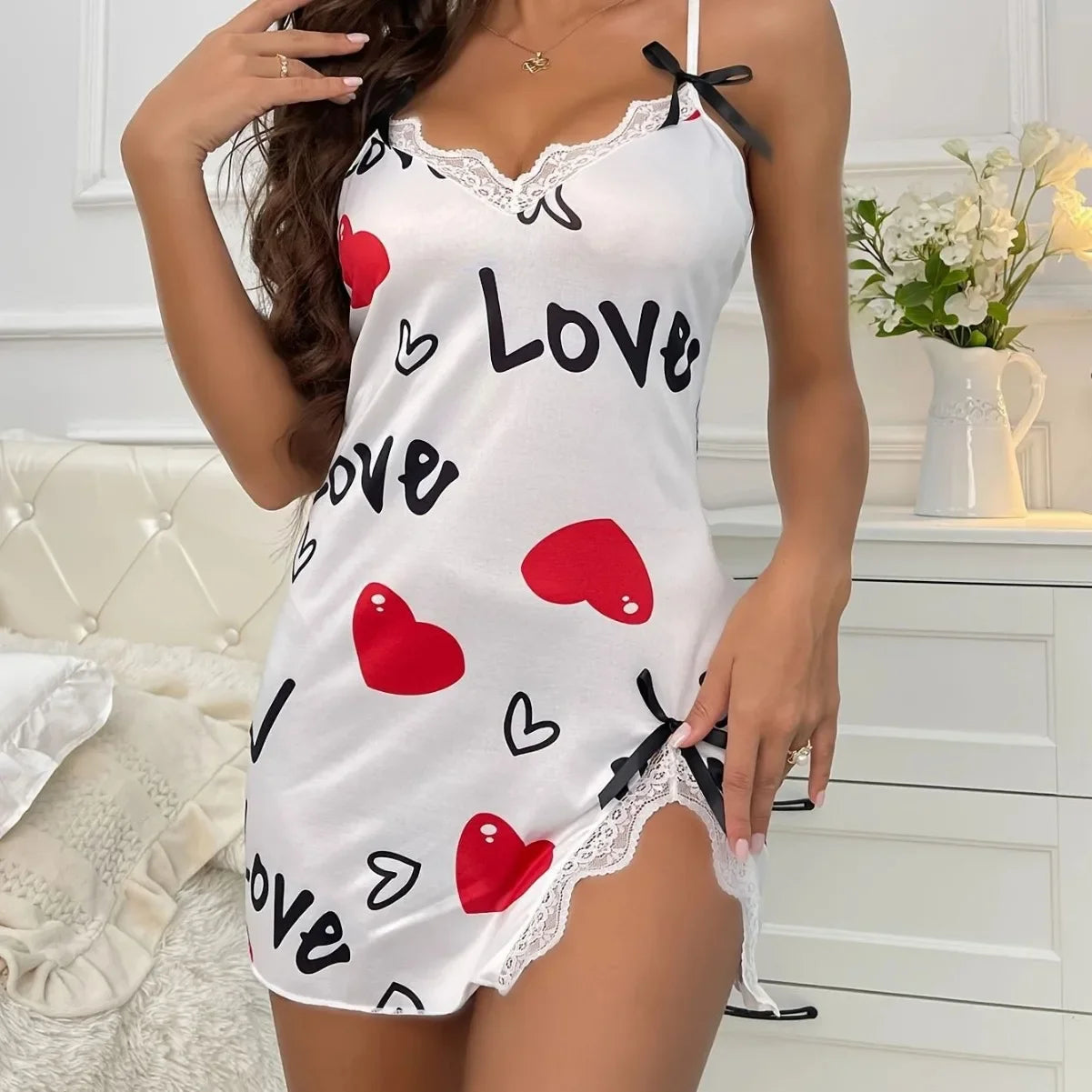 Sleepwear Women's Nightgown Sexy Lingerie Love Printed Halter Backless Mini Dress Casual Pajamas Sleepshirts Nighties