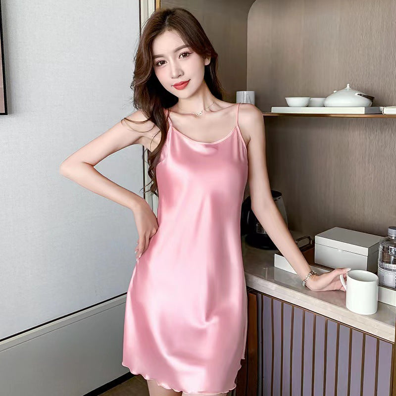 Ice Silk Sexy Women's Satin Nightdress Sexy Lotus Hem Sling Dress Chemise Soft Nightgown Women Lingerie Night Wear Summer Dress