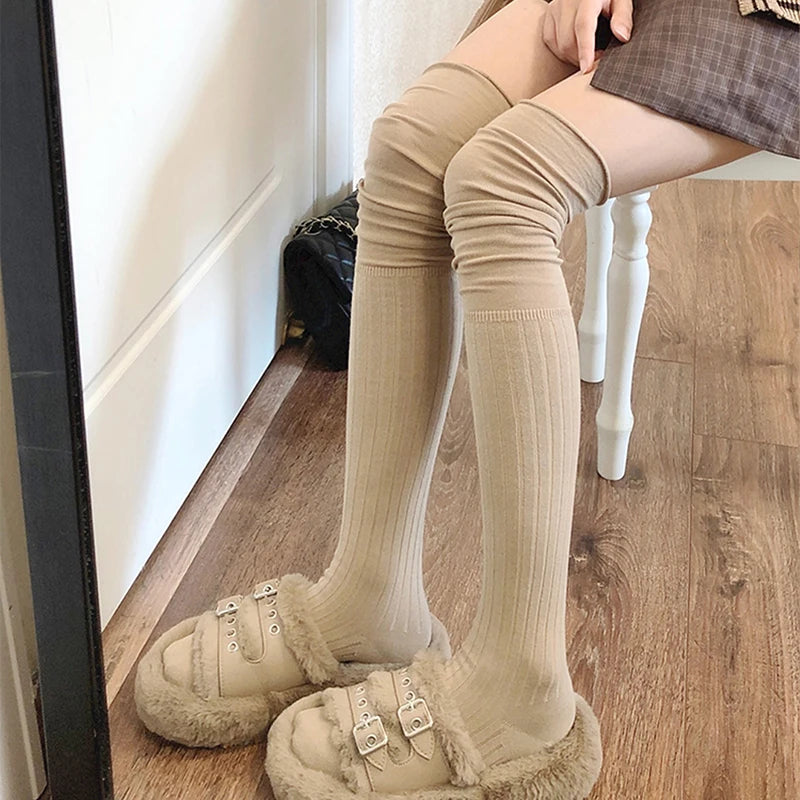 Solid Color Thigh High Stockings Women Trendy Casual Over The Knee Female Long Socks Thermal Warm Cotton Tall Tube Leggings