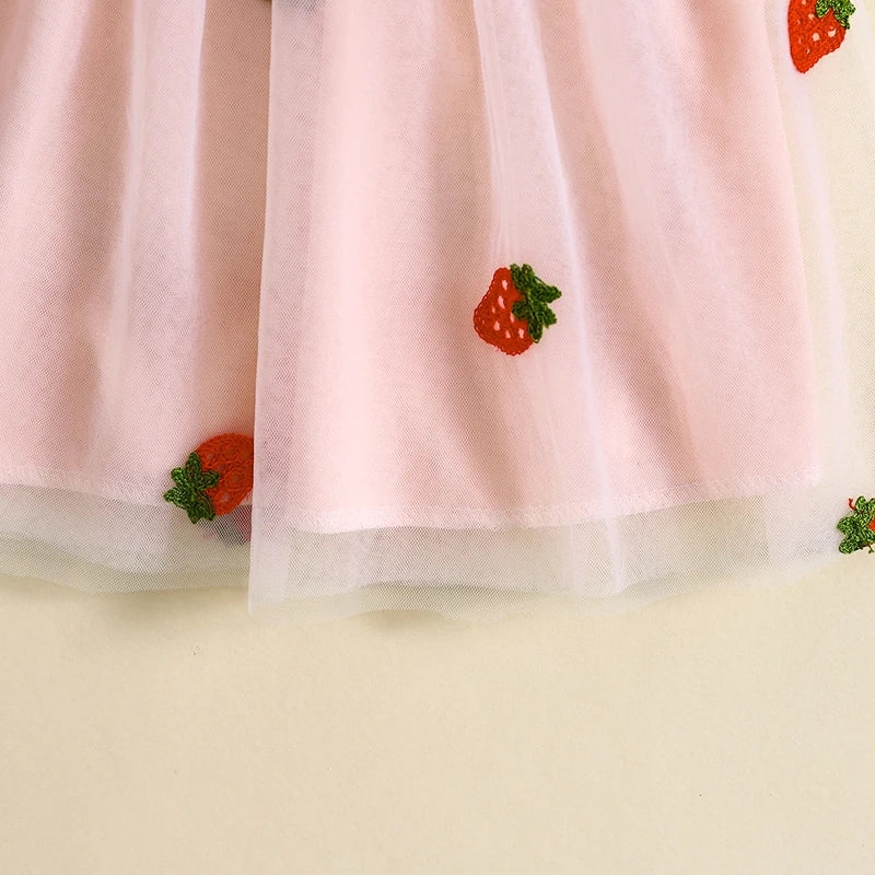Kids Girls 2-piece Outfit Puff Sleeve Embroidery Strawberry Tulle A-line Dress with Headband Summer Children Dress Outfits