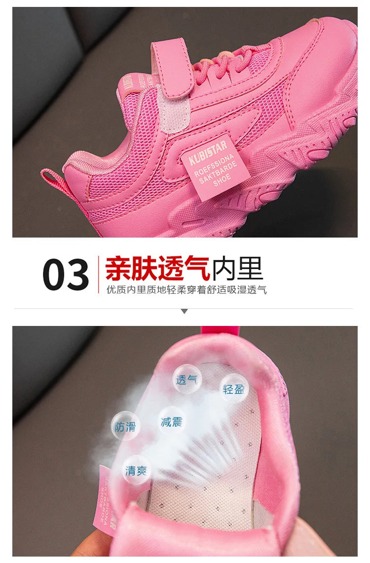 Spring New Kids Sneakers 2023 PU Girls Casual Mesh Solid Pink Light Boys White Hook & Loop Children Non-slip Sports Shoe Fashion