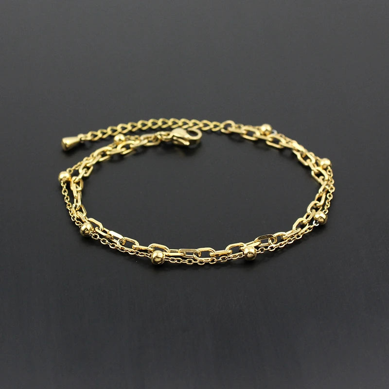 Quality Jewelry Classic Women Gift Waterproof Durable Non Fading Metal Stainless Steel Double Row Bead Chain Exquisite Bracelets