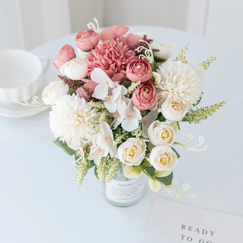 Artificial Hydrangea Flowers for Scrapbook Silk Tea Rose buds Vase for Home Decor Wedding Bouquet DIY A Cap Christmas Garland