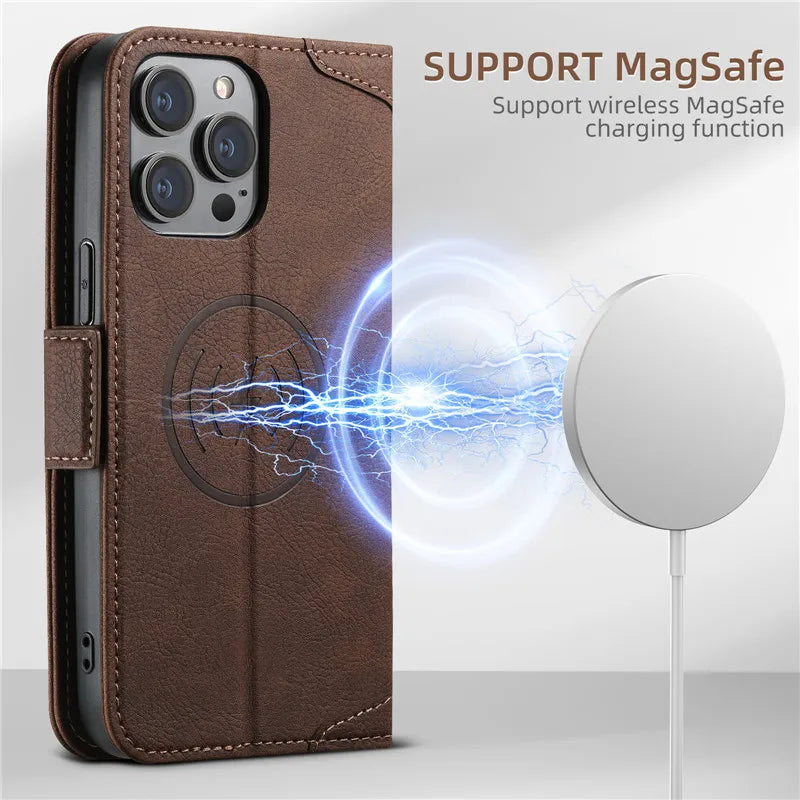 EUCAGR Magsafe Business Leather Wallet Phone Case For iPhone 12 13 14 15 Pro Max Plus 15Plus 14Pro With Flip Card Holder Cover