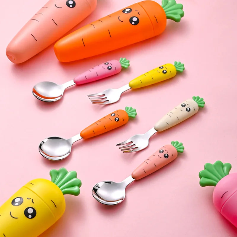 1/3PCS Baby Feeding Utensils Carrots Set Steel Spoon Fork Child Cutlery Tableware Kitchen Gadgets Cake Vegetable Fork Teaspoon