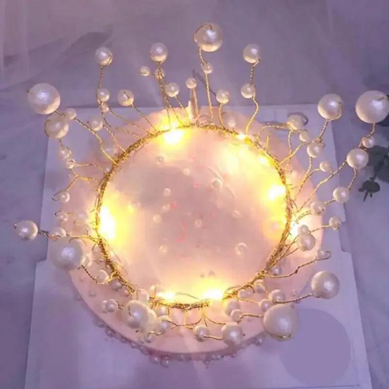 Shiny Handmade Pearl Princess Crown Cake Topper Wedding Decorating Bride and Groom Happy Birthday Hat Decoration