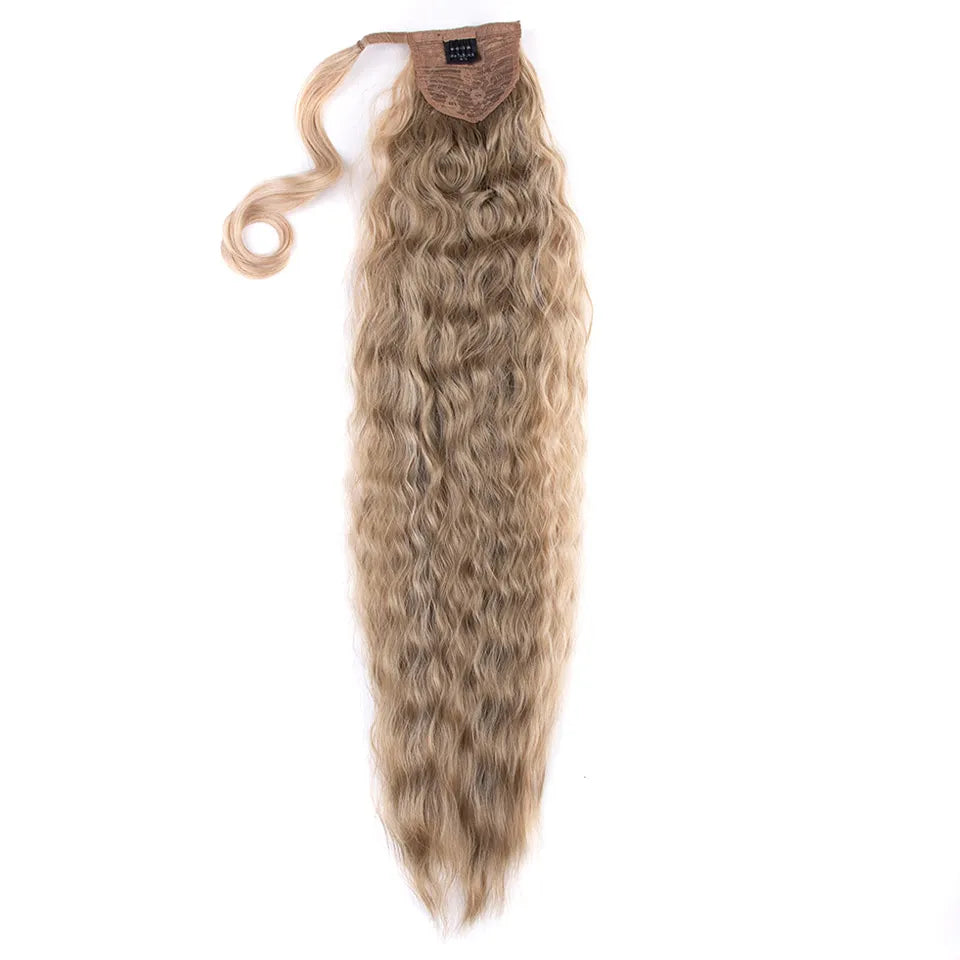 FASHION IDOL Kinky Curly Hair Synthetic Drawstring Ponytail Corn Wave Wrap Around Clip in Fake Hair Extensions Black Pony Tail