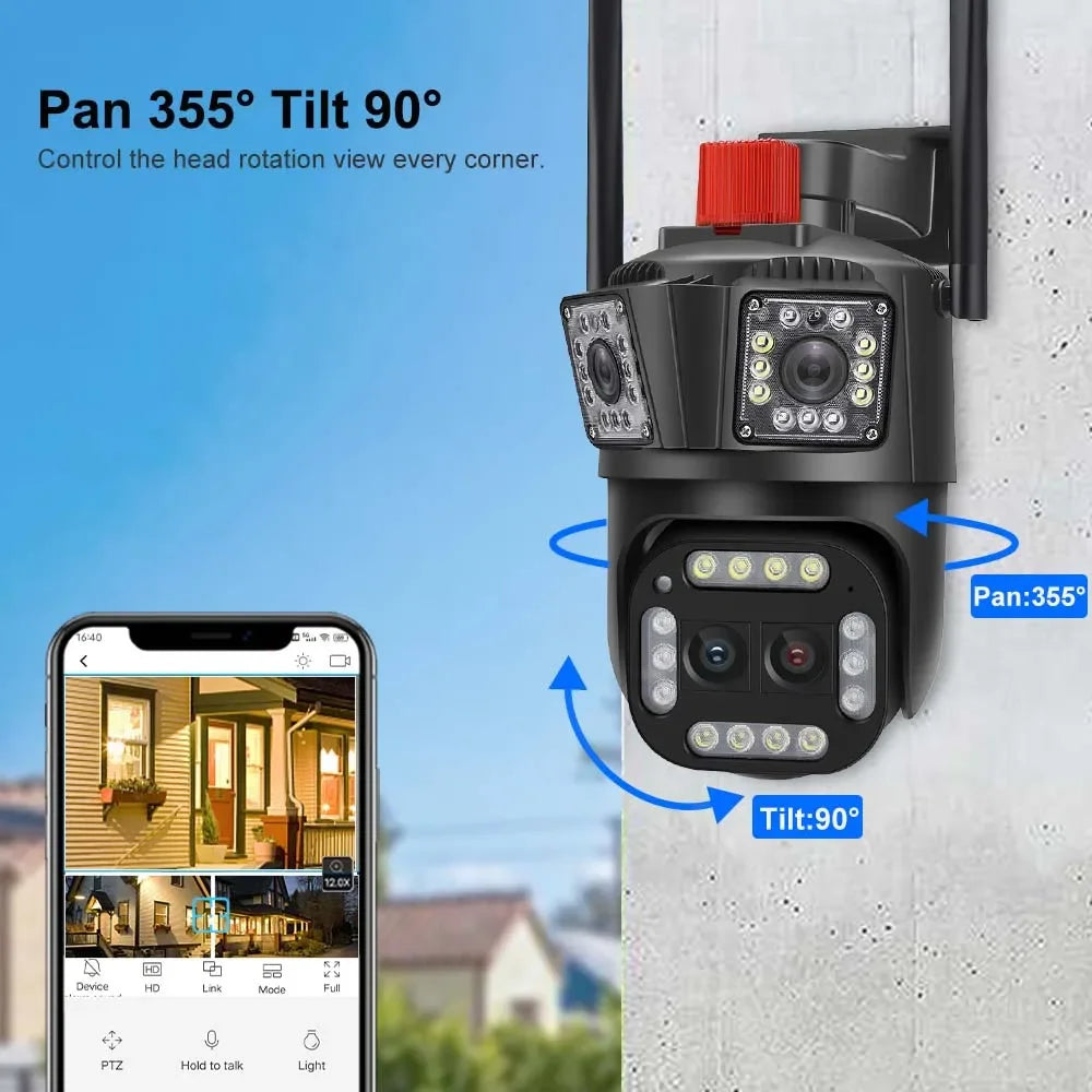 6K 12MP WiFi Surveillance Camera Outdoor Three Lens Three Screen CCTV Waterproof PTZ Mini Street Camera 360° Security Camera