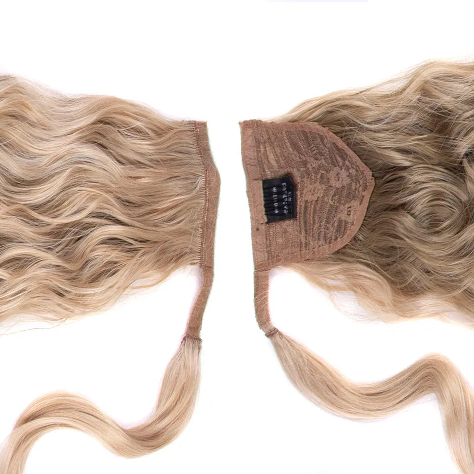 FASHION IDOL Kinky Curly Hair Synthetic Drawstring Ponytail Corn Wave Wrap Around Clip in Fake Hair Extensions Black Pony Tail