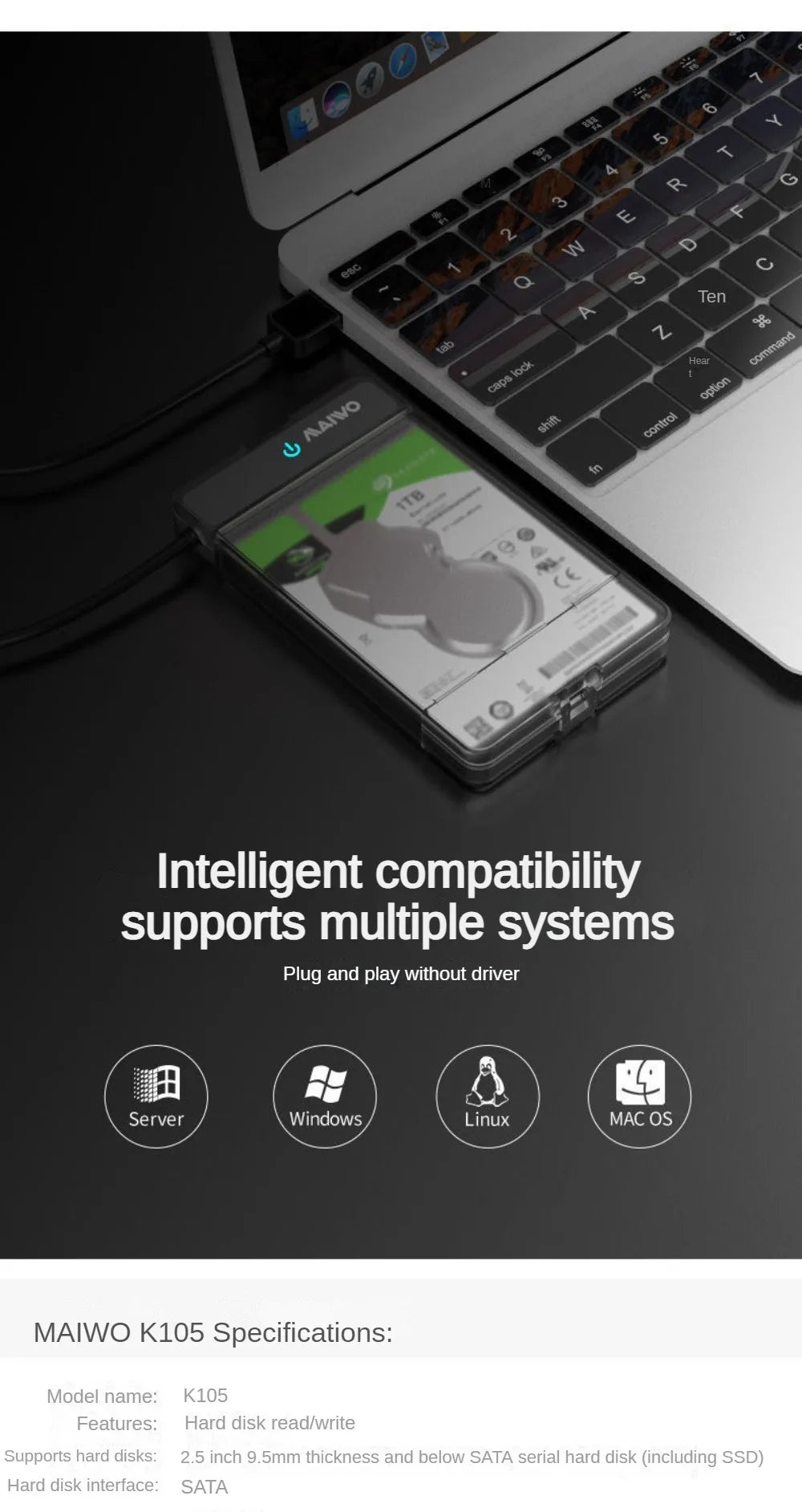MAIWO Type C USB3.0 External Hard Drive Enclosure for 2.5 Inch 5Gbps SATA HDD and SSD Hard Disk Case Tool-Free Support UASP