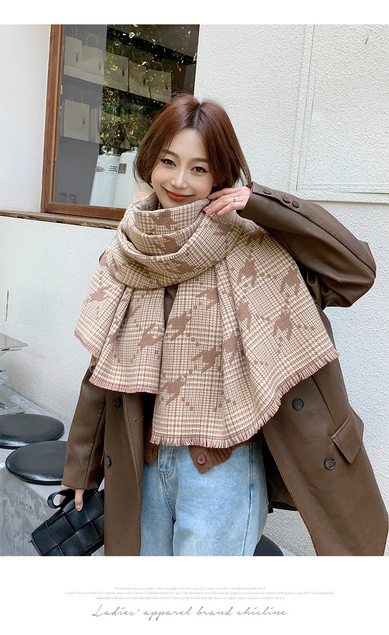 Fashion Brand Cashmere Scarf Women Winter Autumn Houndstooth Plaid Long Pashmina Cold Day Double-sided Tassel Thick Shawl Ladies
